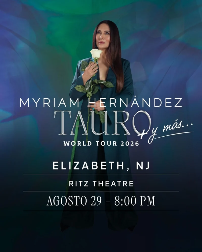 Concert poster for Myriam Hernández, Tauro y más World Tour 2026, at the Ritz Theatre in Elizabeth, NJ on August 29