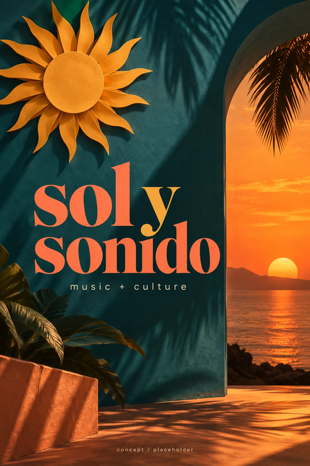 Fictional placeholder poster titled Sol y sonido featuring a tropical sunset